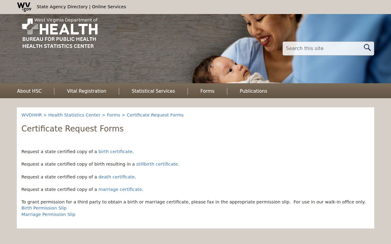 Morgan County former owner research with the West Virginia vital records certificate request page