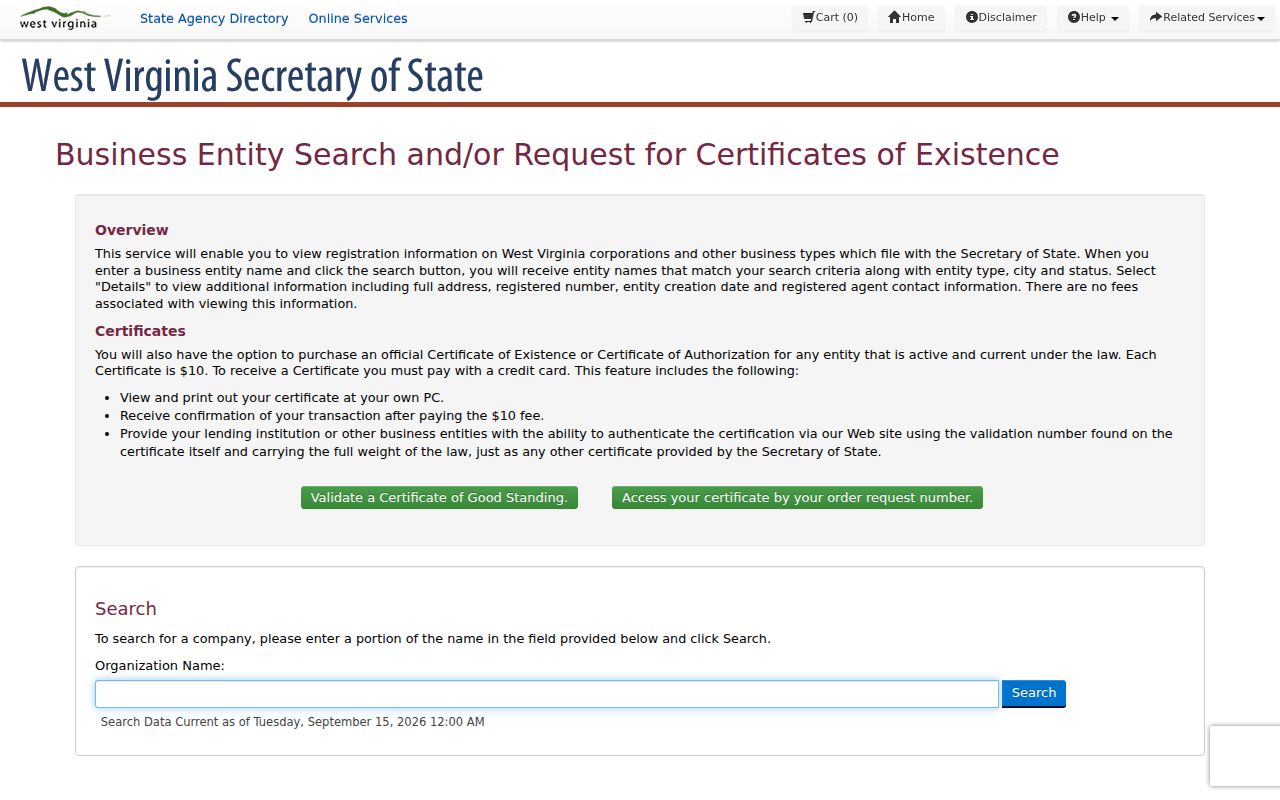 Morgan County property owner lookup and West Virginia organization name search fields