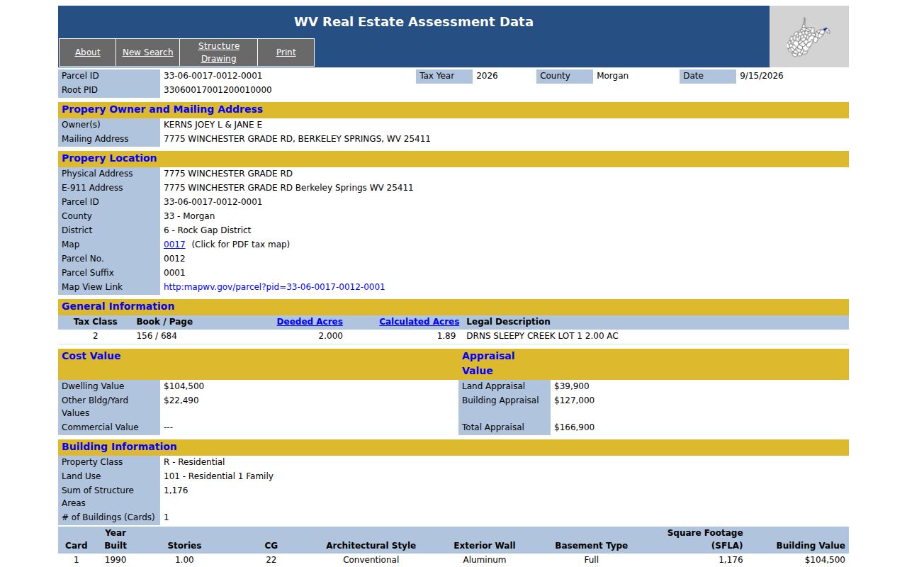 Morgan County property value sample with land, building, and total appraisal amounts